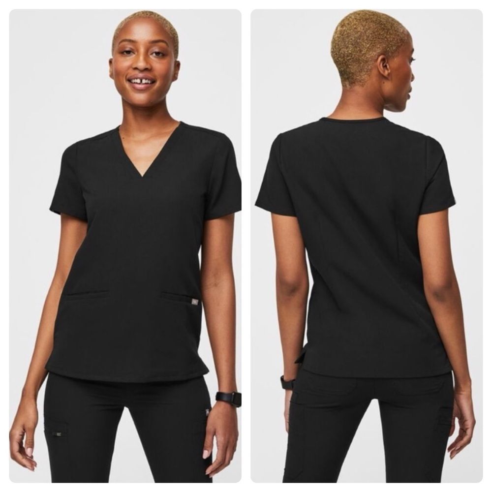 Figs Black V-Neck Short Sleeve Scrub Top